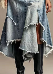 Modern Light Blue Asymmetrical Pockets High Waist Denim Skirt Summer