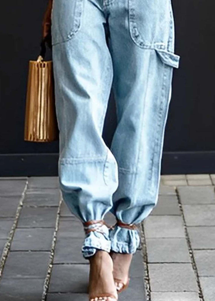 Modern Light Blue Elastic Waist Oversized Denim Pants Summer