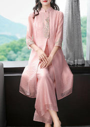 Modern Rose Embroideried Side Open Silk Two Piece Set Bracelet Sleeve