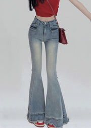 Modern Light Blue Pockets High Waist Denim Flare Bottoms Pants Summer