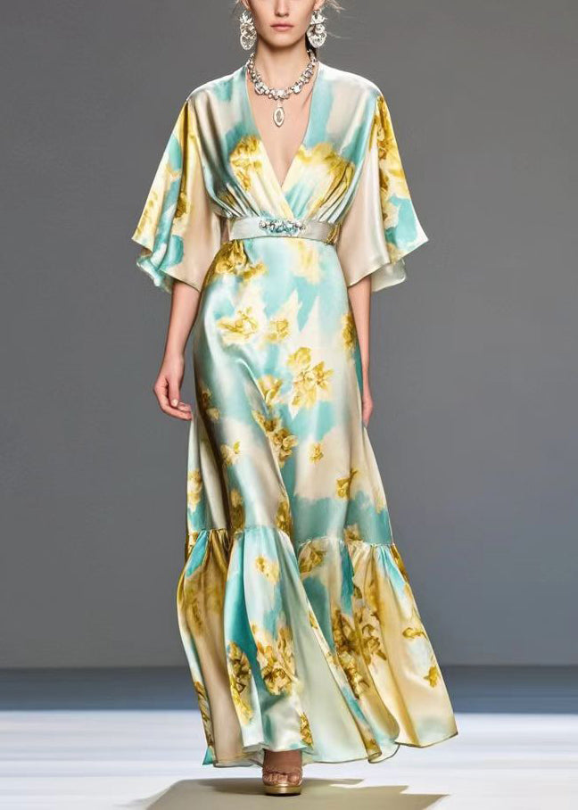 Modern Light Blue Print Silk Long Dresses Cinched Summer