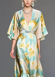 Modern Light Blue Print Silk Long Dresses Cinched Summer