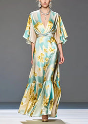 Modern Light Blue Print Silk Long Dresses Cinched Summer