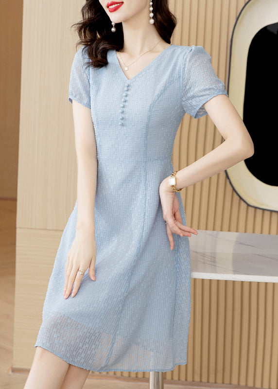 Modern Light Blue V Neck Tulle Mid Dress Short Sleeve