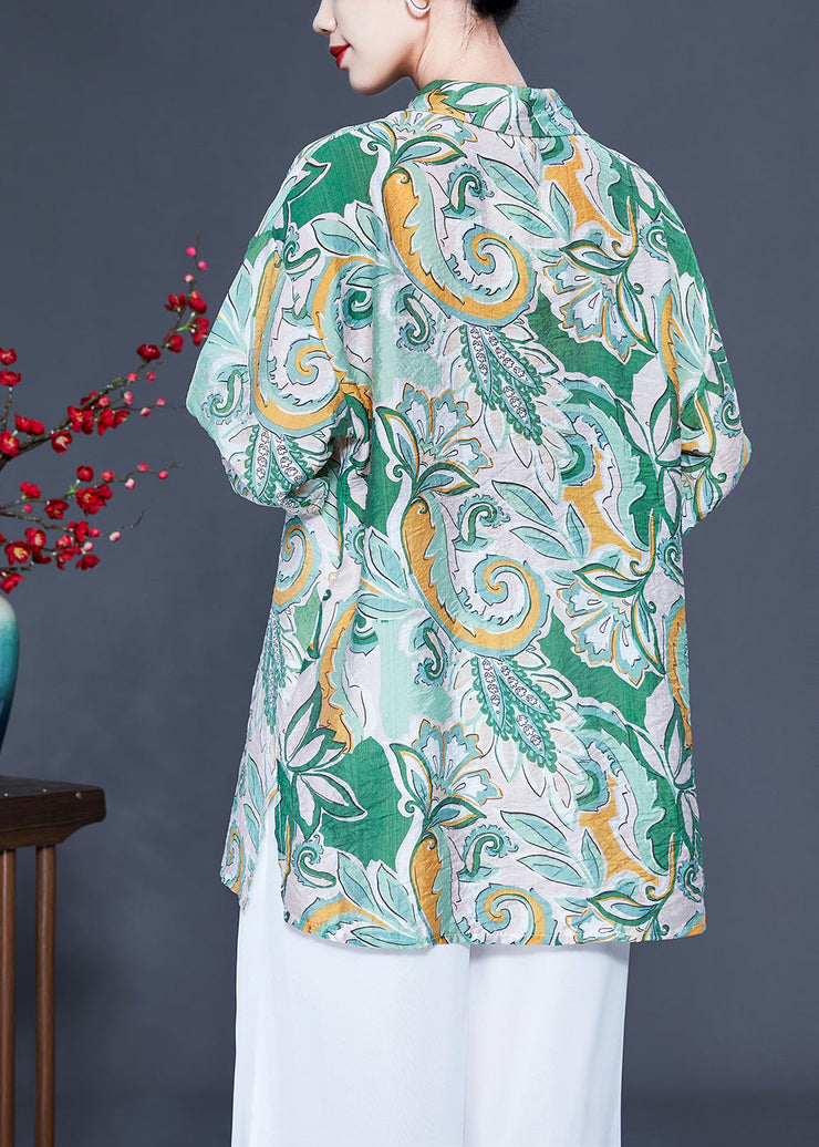 Modern Light Green Oversized Print Silk Shirt Tops Spring