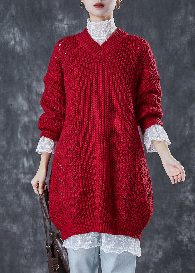 Modern Mulberry V Neck Hollow Out Cable Knit Sweater Dress Winter