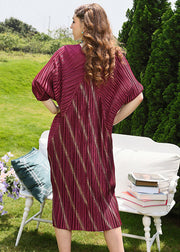 Modern Mulberry V Neck Striped Wrinkled Maxi Dresses Fall