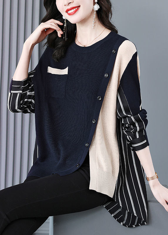 Modern Black Beige Asymmetrical Patchwork Striped Knit Shirt Tops Long Sleeve