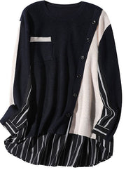 Modern Black Beige Asymmetrical Patchwork Striped Knit Shirt Tops Long Sleeve