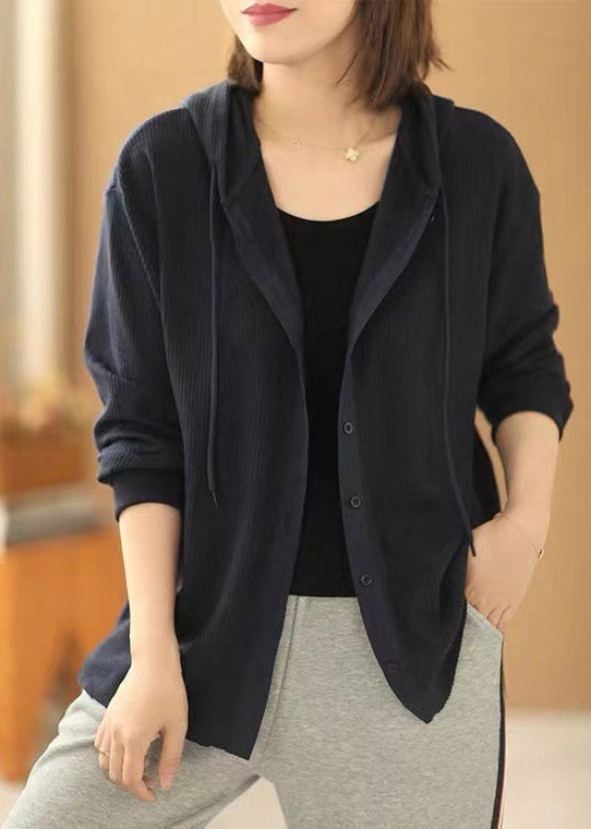 Modern Navy Drawstring Button Cozy Knit Hoodie Coat Long Sleeve