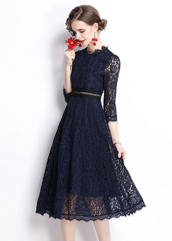 Modern Navy Embroideried Hollow Out Lace Long Dresses Bracelet Sleeve