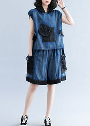 Modern Navy Hooded Pockets Tops And Pants Denim Two Pieces Set Summer