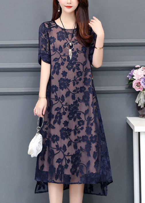 Modern Navy O-Neck Embroideried Chiffon Long Dress Summer