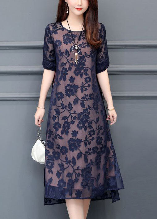 Modern Navy O-Neck Embroideried Chiffon Long Dress Summer