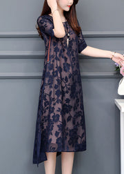 Modern Navy O-Neck Embroideried Chiffon Long Dress Summer