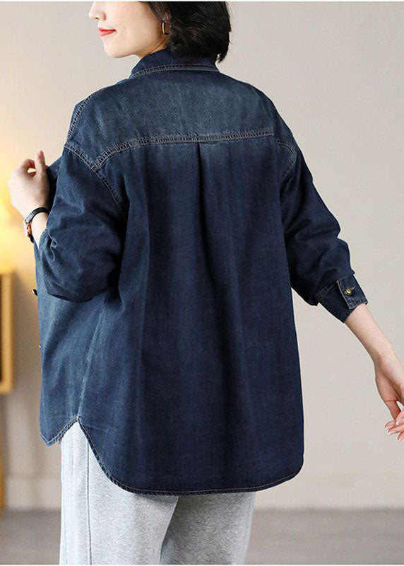 Modern Navy Oversized Embroidered Warm Fleece Denim Jackets Spring