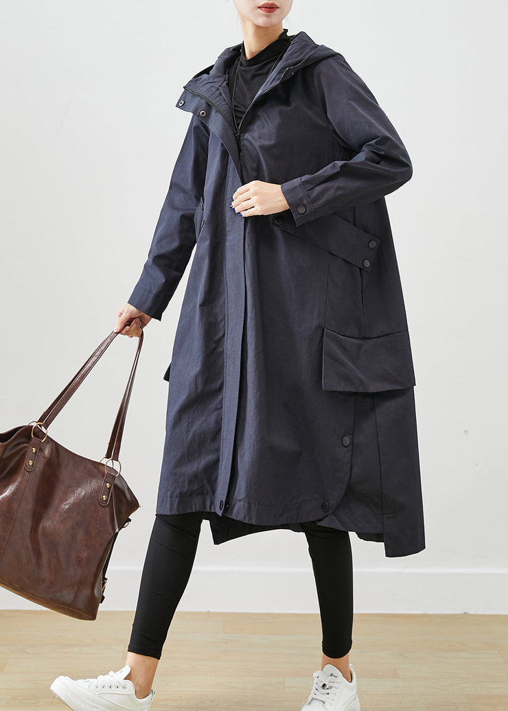 Modern Navy Oversized Patchwork Pockets Cotton Coat Outwear Fall