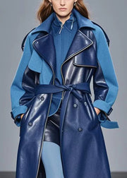 Modern Navy Oversized Patchwork Woolen Faux Leather Trench Fall