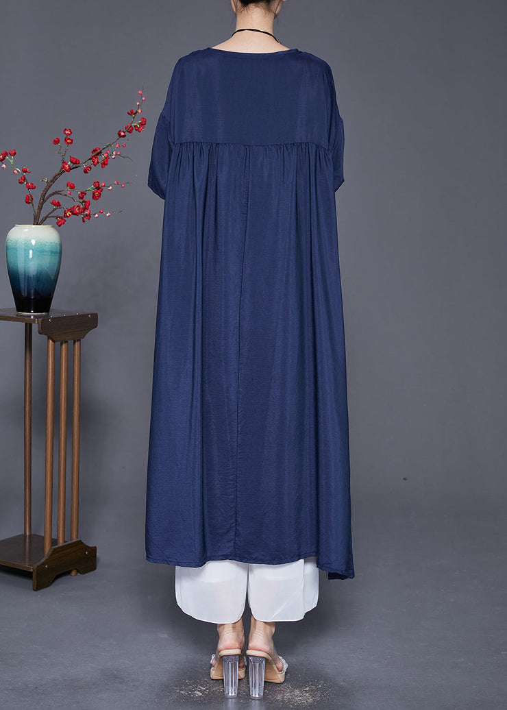 Modern Navy Oversized Patchwork Wrinkled Cotton Dress Summer