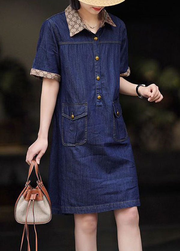 Modern Navy Peter Pan Collar Patchwork Denim Mid Dress Summer