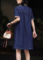 Modern Navy Peter Pan Collar Patchwork Denim Mid Dress Summer