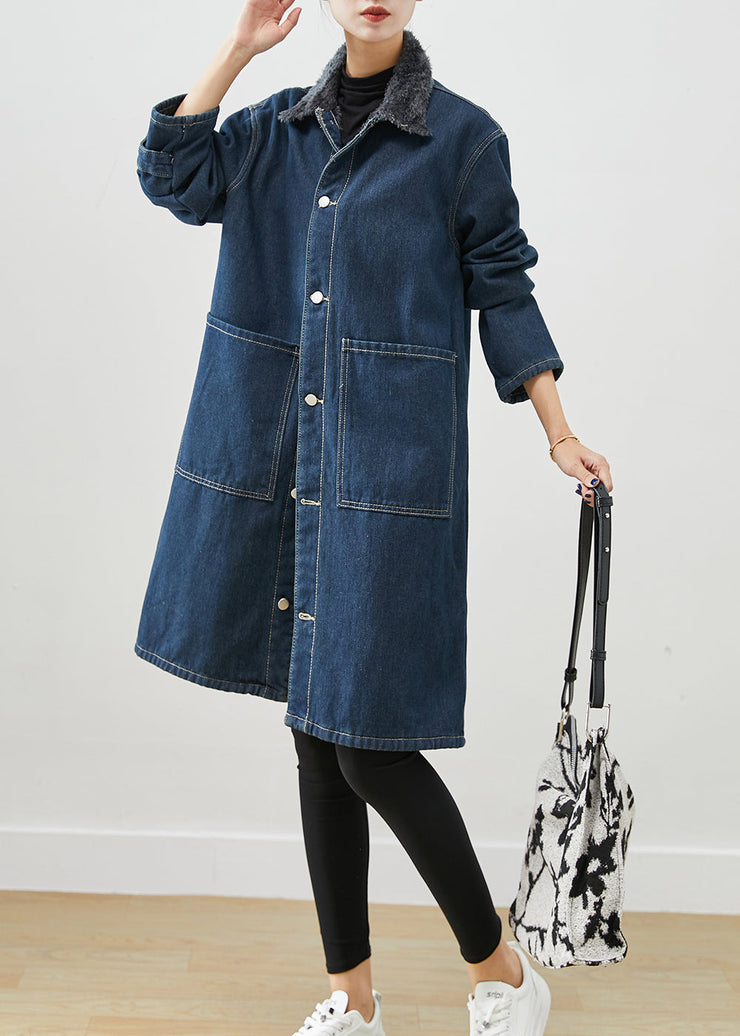 Modern Navy Peter Pan Collar Pockets Warm Fleece Denim Coats Winter