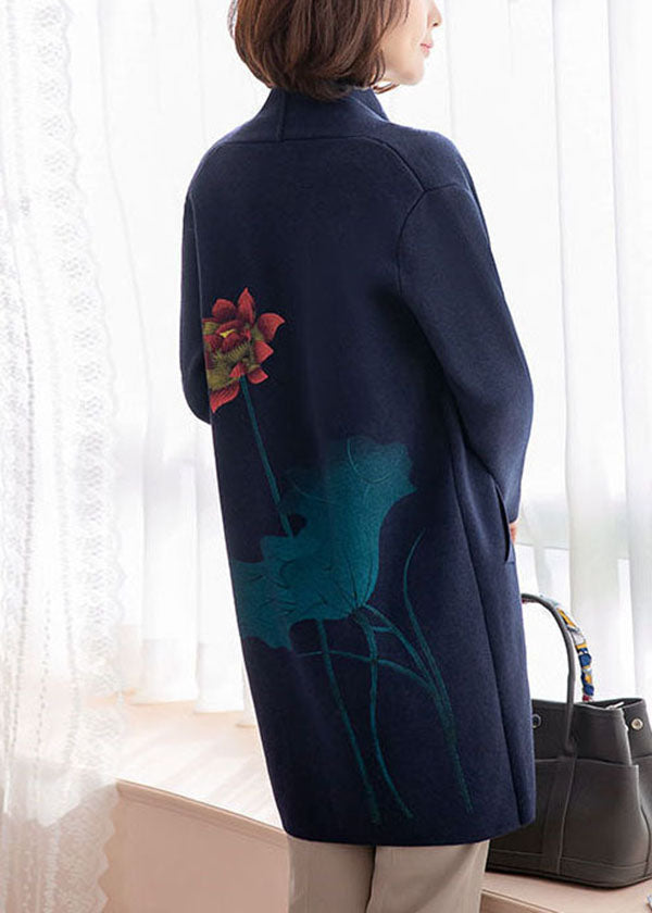 Modern Navy Pockets Floral Print Woolen Cardigans Long Sleeve