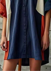 Modern Navy V Neck Patchwork Linen Mini Dresses Summer