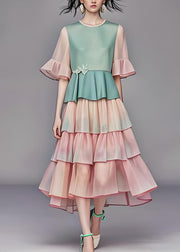 Modern O Neck Ruffled Layered Patchwork Chiffon Dress Summer