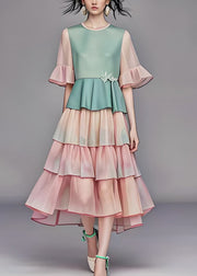 Modern O Neck Ruffled Layered Patchwork Chiffon Dress Summer