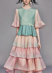 Modern O Neck Ruffled Layered Patchwork Chiffon Dress Summer