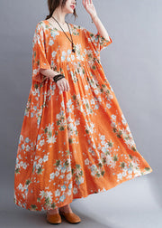 Modern Orange O-Neck Patchwork Wrinkled Cotton Maxi Dress Half Sleeve