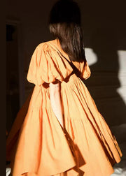 Modern Orange Oversized Patchwork Wrinkled Cotton Mid Dress Lantern Sleeve