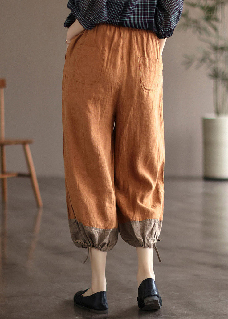 Modern Orange Pockets Patchwork Linen Lantern Pants Summer