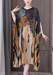 Modern Oversized Print Silk Holiday Dress Batwing Sleeve