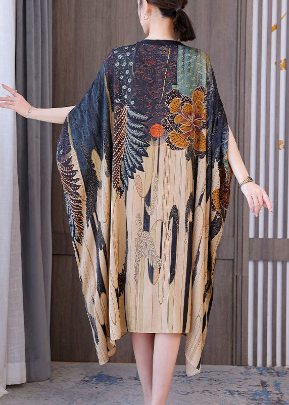 Modern Oversized Print Silk Holiday Dress Batwing Sleeve