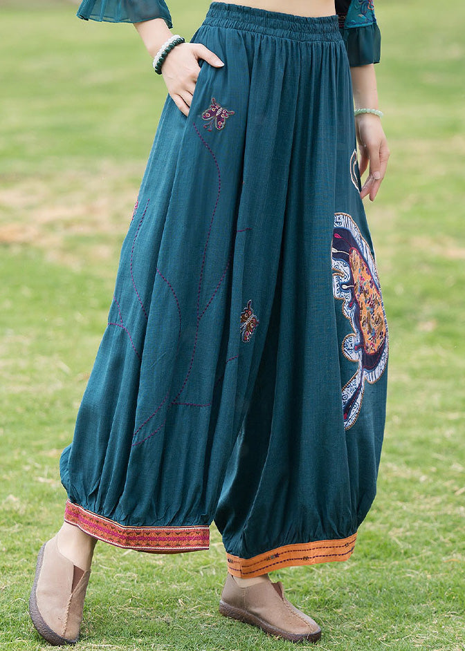 Modern Peacock Blue Patchwork Linen Wide Leg Pants