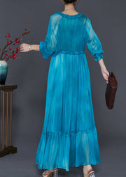 Modern Peacock Blue Ruffled Patchwork Chiffon Maxi Dress Spring