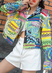 Modern Peter Pan Collar Print Patchwork Denim Coat Long Sleeve