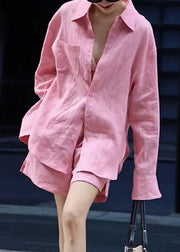 Modern Pink Button Shirts And shorts Two Pieces Set Fall