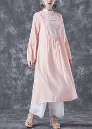 Modern Pink Chinese Button Patchwork Wrinkled Cotton Dress Summer