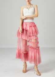 Modern Pink Elastic Waist Patchwork Hollow Out Tulle Skirt Summer