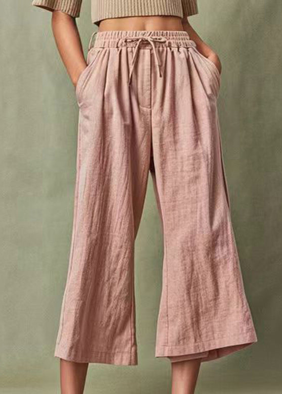 Modern Pink Elastic Waist Solid Wide Leg Pants