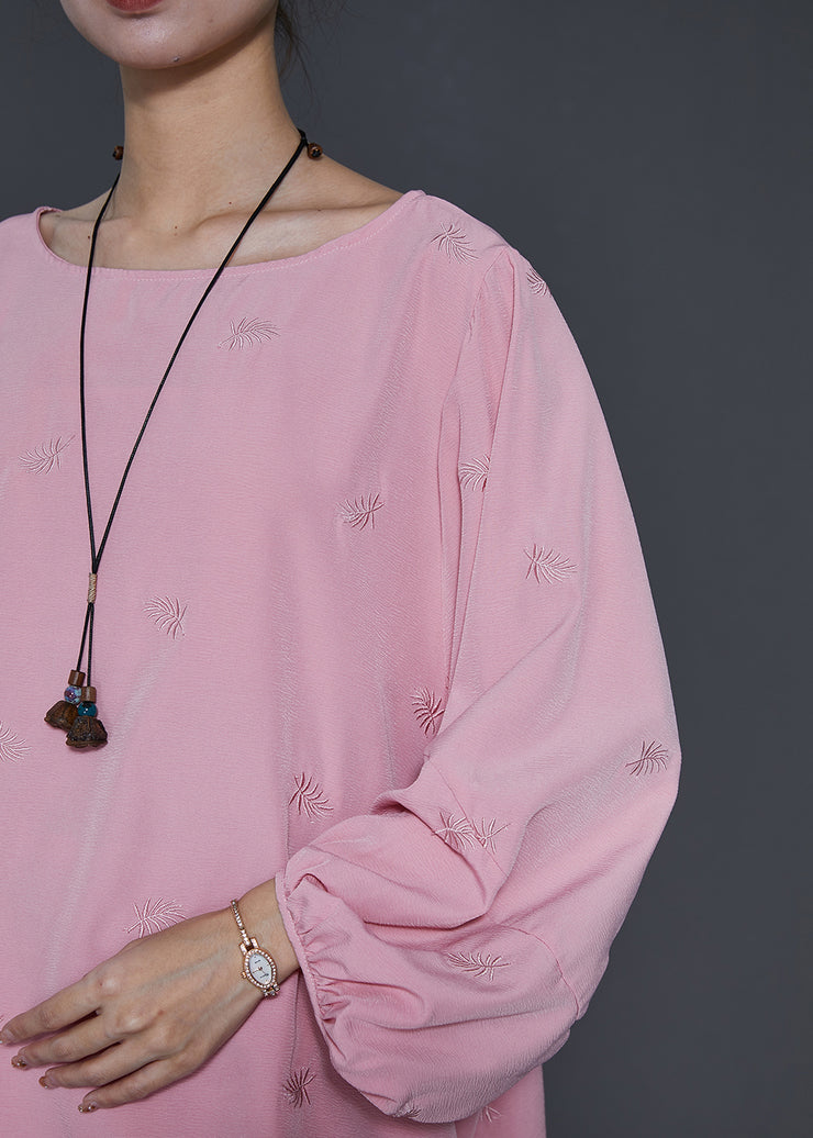 Modern Pink Embroidered Linen Silk Two Pieces Set Lantern Sleeve