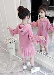 Modern Pink Hooded Print Patchwork Cotton Girls Mid Dress Fall