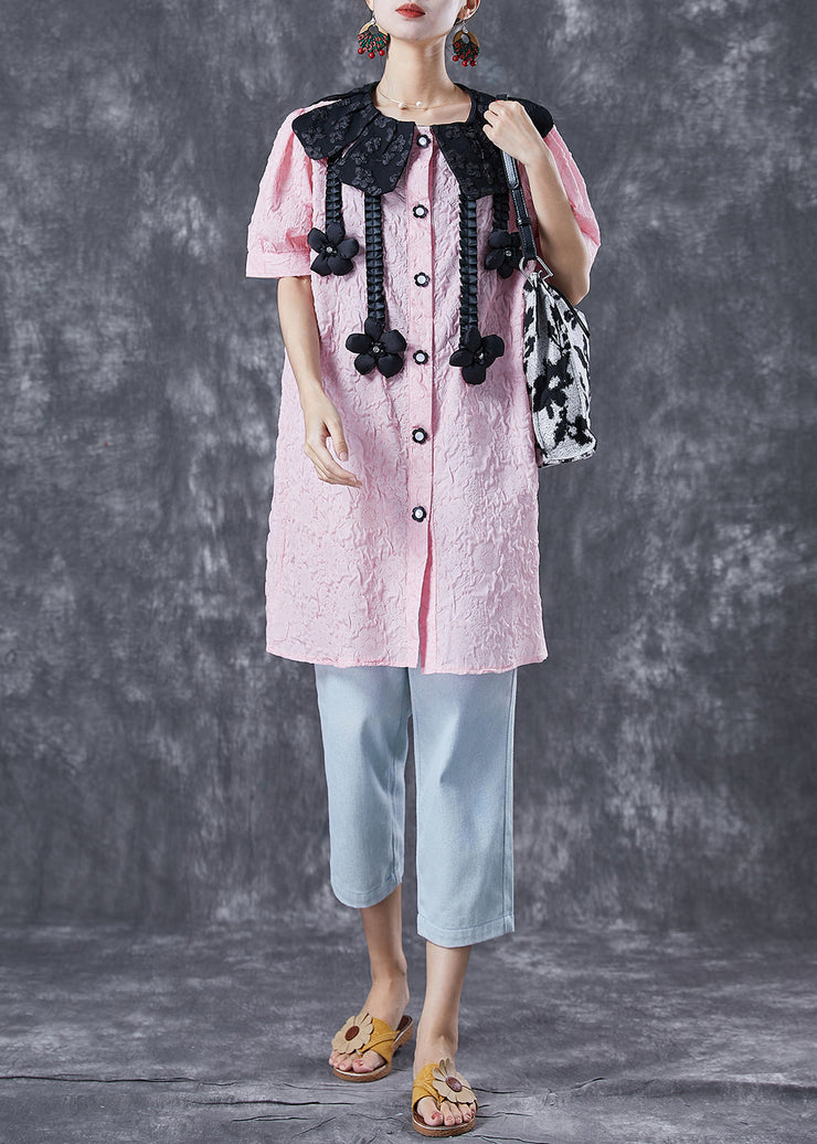 Modern Pink Jacquard Floral Cotton Shirt Dress Summer