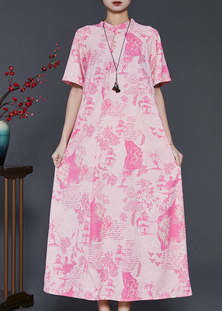 Modern Pink Mandarin Collar Print Silk Vacation Dresses Summer