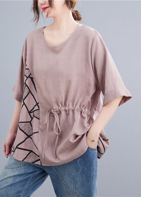 Modern Pink O Neck Drawstring Patchwork Cotton T Shirts Summer