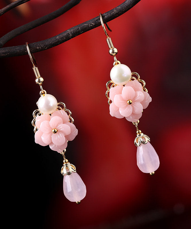 Modern Pink Overgild Jade Pearl Synthetic Flower Drop Earrings