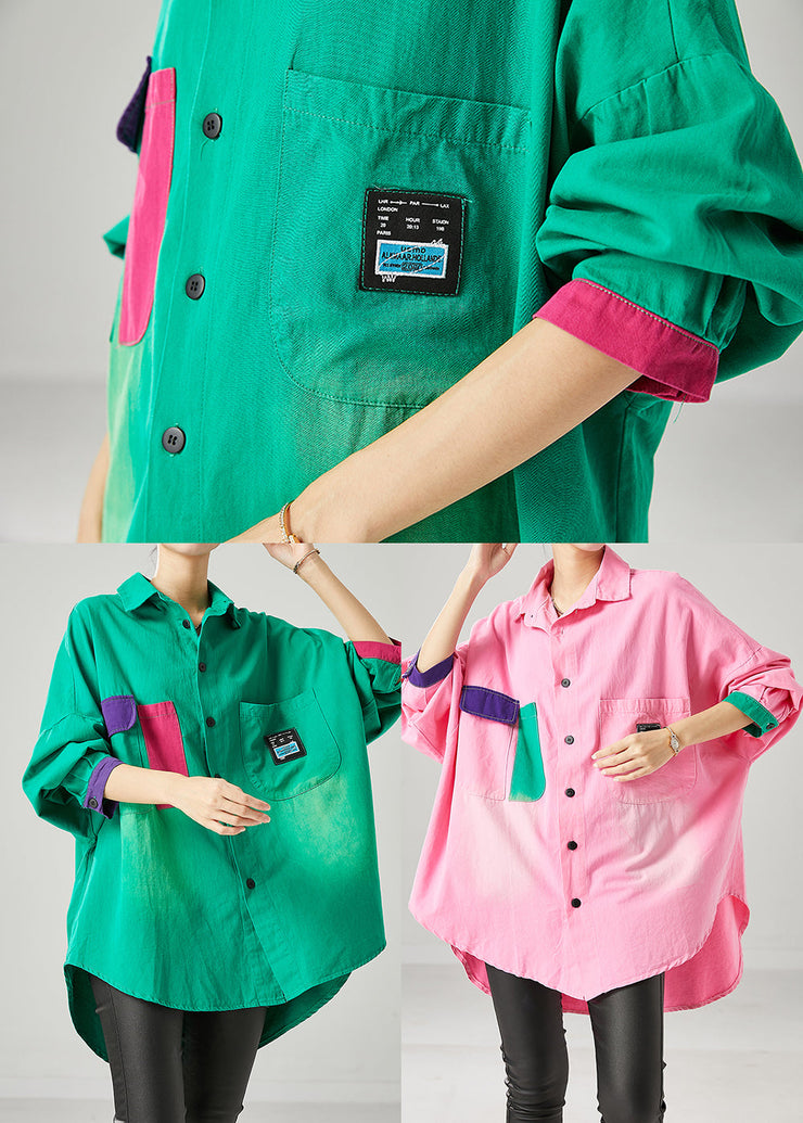 Modern Pink Oversized Patchwork Cotton Shirt Tops Fall